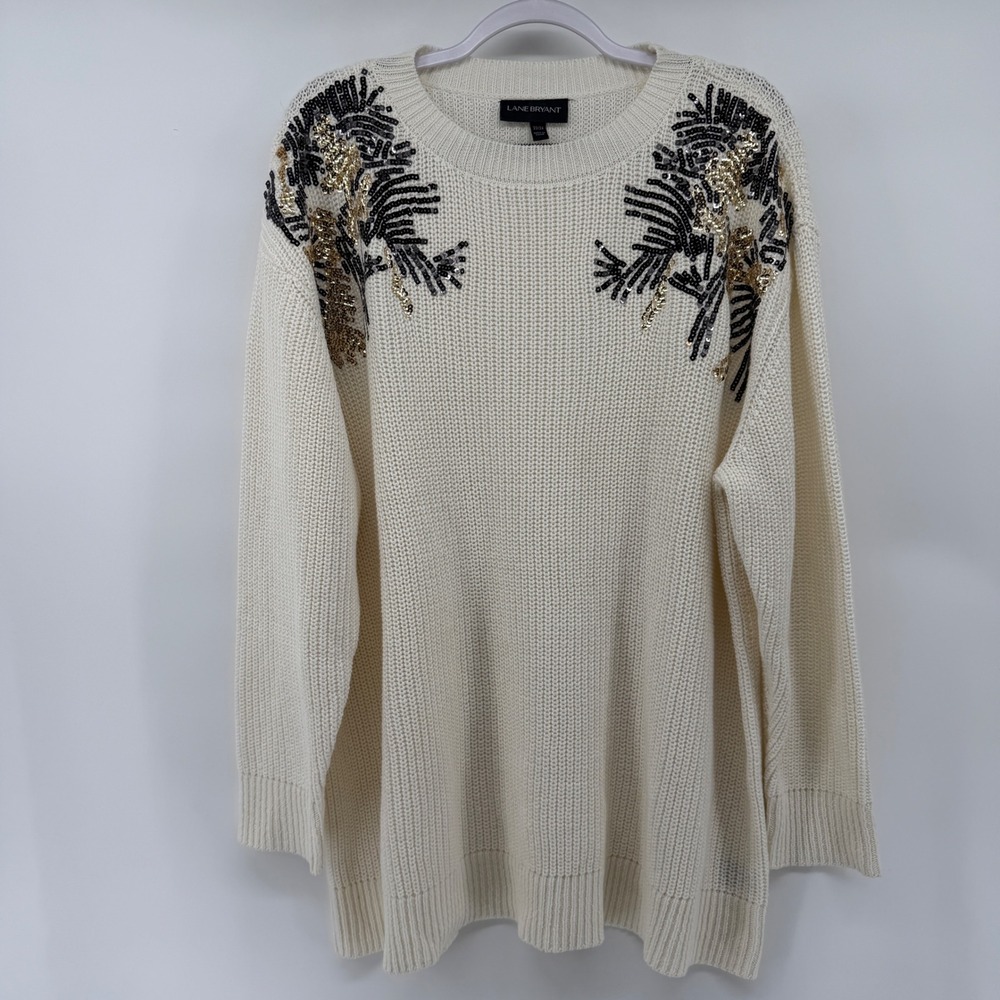 Lane Bryant Cream Sequin Shoulder Knit Sweater Womens 22/24 Gold Black Sparkle